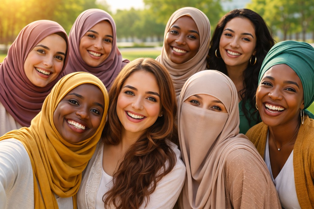 Community of diverse women in sunshine